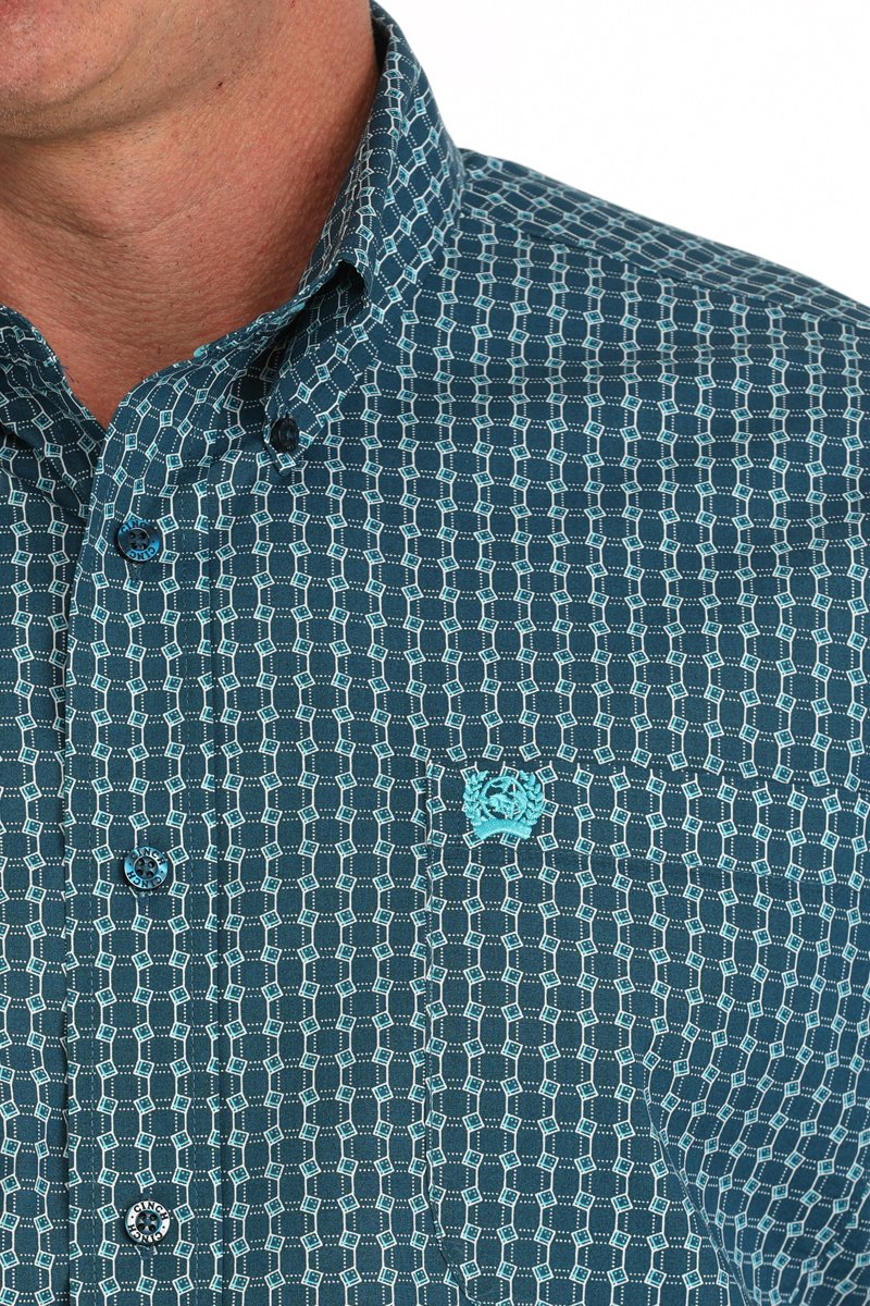 Cinch Men's Short Sleeve Geometric Print Button Down Western Shirt - Blue