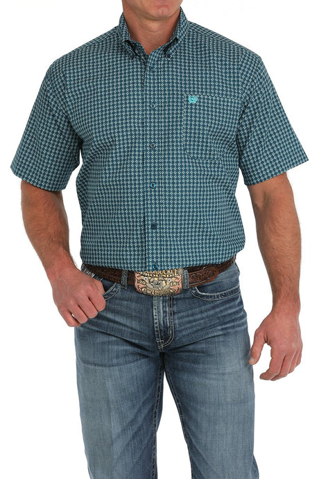 Cinch Men's Short Sleeve Geometric Print Button Down Western Shirt - Blue